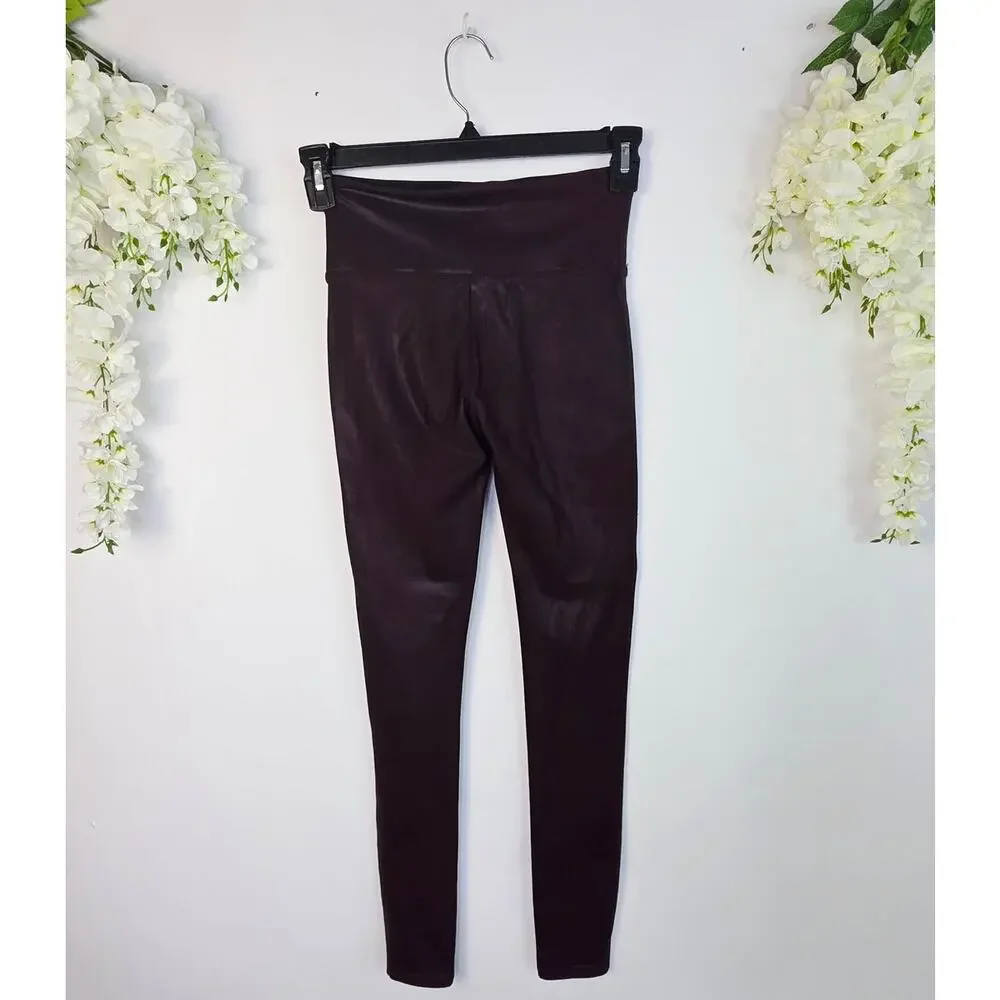 SPANX Faux Leather Leggings Medium Burgundy High Waist Shaping Baddie Moto
